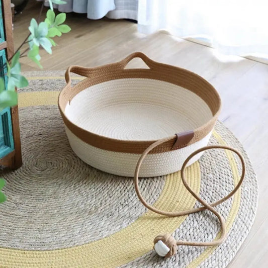 NNETM Cat Ear Shape Thickened Woven Cat Scratching Board Pet Bed - Khaki White-1