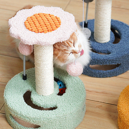 NNEDSZ Blue-grey Interactive Cat Scratching Post with Playful Ball Toys, Flower Design - 35cm Height, 26cm Base-1