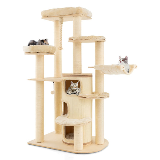 NNECW Multi-Level Cat Tree with 3-story Cat Condo & 2 Perches & Spring Ball-Beige-1