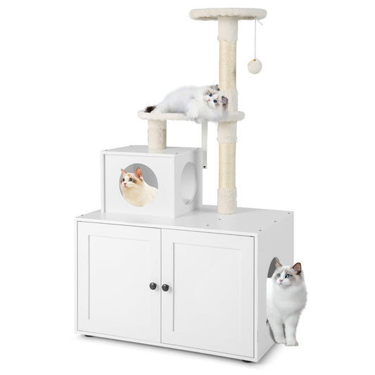NNECW 2-in-1 Cat Tree with Litter Box Enclosure & Sisal Scratching Posts-White-1