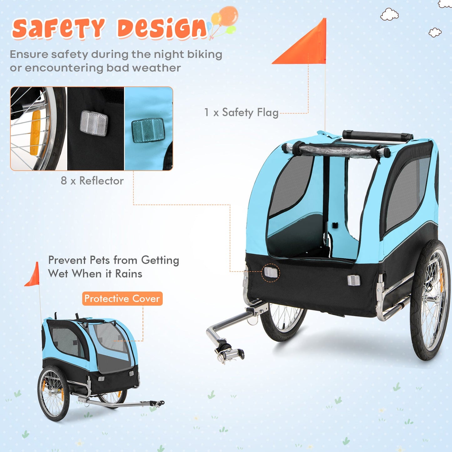 NNECW Folding Pet Bike Trailer with 3 Zippered Doors and 8 Reflectors-Blue-4