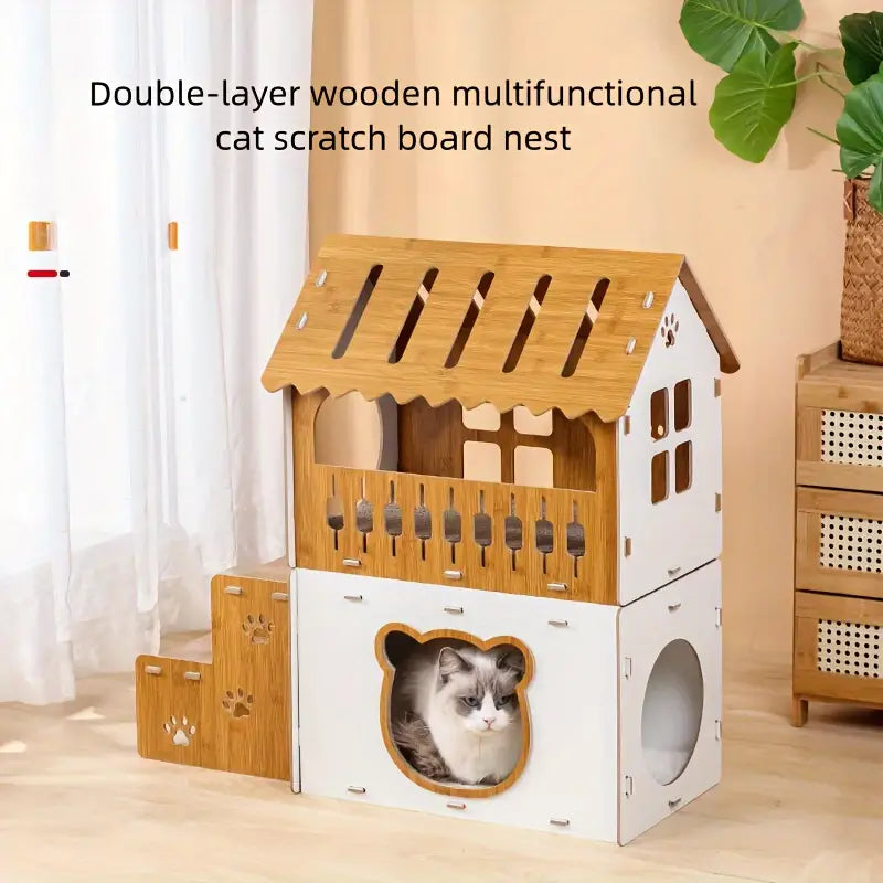 NNETM Villa-Style Cat Scratcher Cardboard House - Plaid Pattern-2