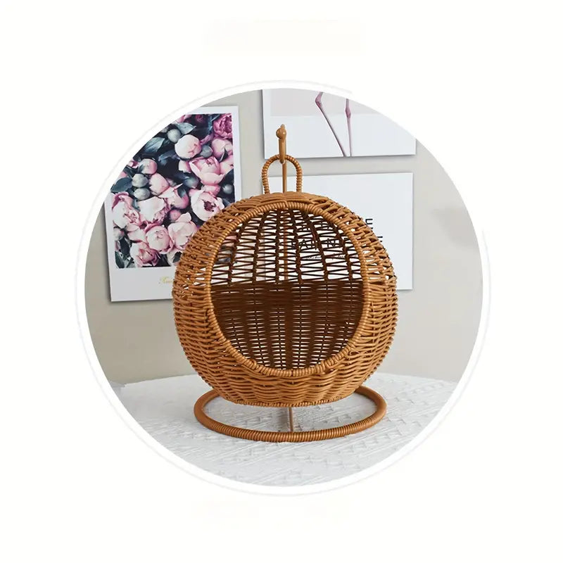NNETM Imitation Rattan Cat Cage - Hanging Cat Nest with Semi-Enclosed Design-1