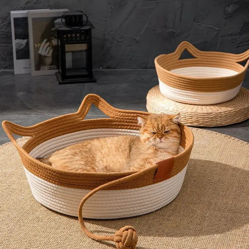 NNETM Cat Ear Shape Thickened Woven Cat Scratching Board Pet Bed - Khaki White-2