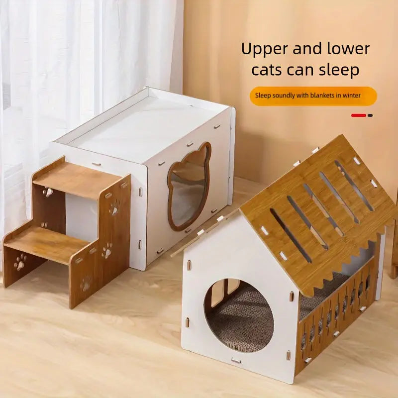 NNETM Villa-Style Cat Scratcher Cardboard House - Plaid Pattern-4