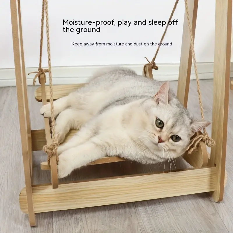 NNETM Wooden Rocking Bed Cat Furniture - Double Layer Cat Hammock-3