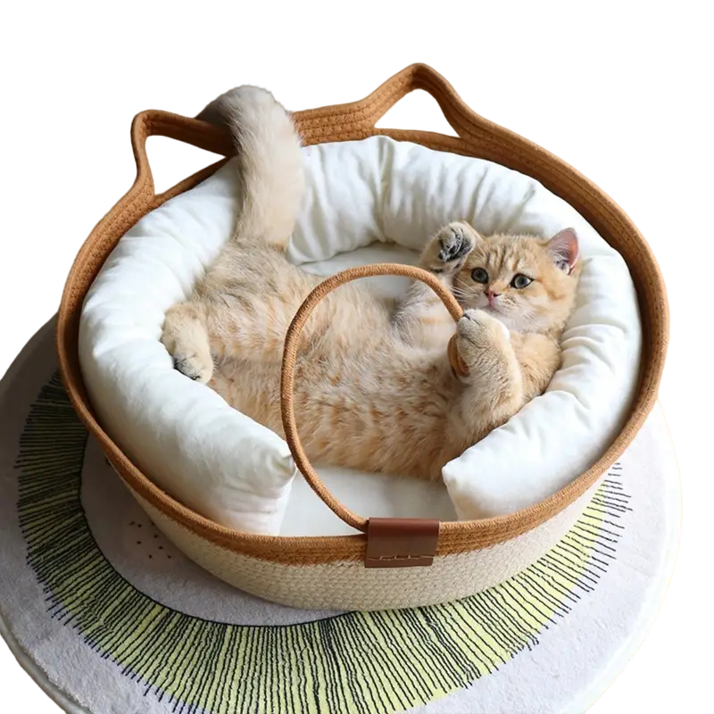NNETM Cat Ear Shape Thickened Woven Cat Scratching Board Pet Bed - Khaki White-0