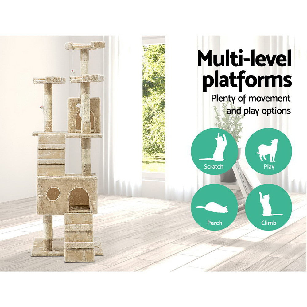 NNEDSZ Cat Tree 180cm Trees Scratching Post Scratcher Tower Condo House Furniture Wood Beige-2