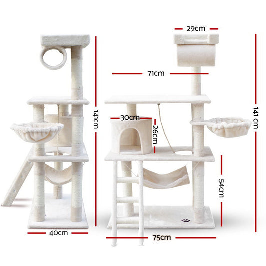 NNEDSZ Cat Tree 141cm Trees Scratching Post Scratcher Tower Condo House Furniture Wood Beige-1