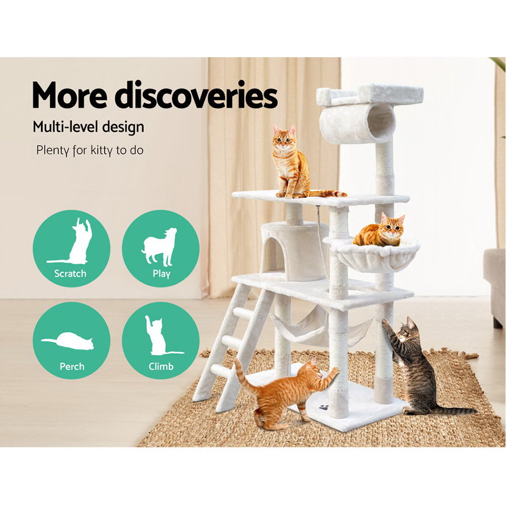 NNEDSZ Cat Tree 141cm Trees Scratching Post Scratcher Tower Condo House Furniture Wood Beige-2