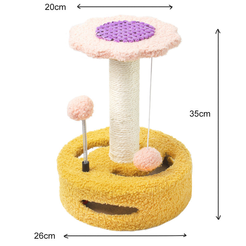 NNEDSZ Yellow-pink Interactive Cat Scratching Post with Playful Ball Toys, Flower Design - 35cm Height, 26cm Base-0