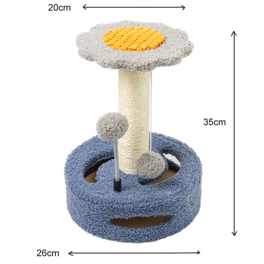 NNEDSZ Blue-grey Interactive Cat Scratching Post with Playful Ball Toys, Flower Design - 35cm Height, 26cm Base-0