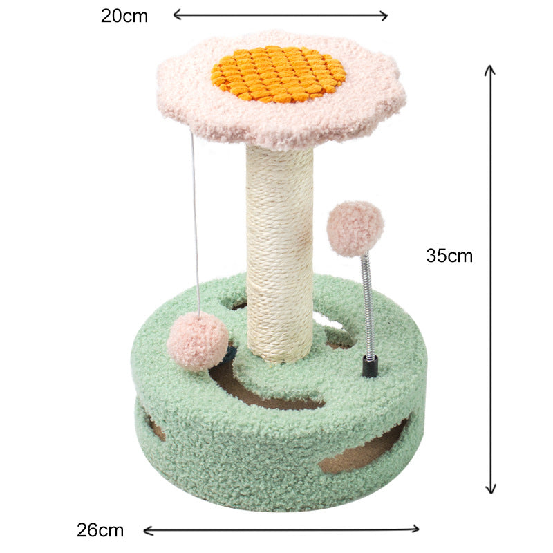 NNEDSZ Green-pink Interactive Cat Scratching Post with Playful Ball Toys, Flower Design - 35cm Height, 26cm Base-0