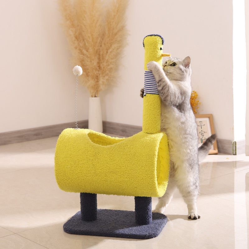 NNEDSZ Yellow Chicken-Theme Cat Tree with Tunnel - Multi-Functional Cat Scratching Post and Playhouse-0