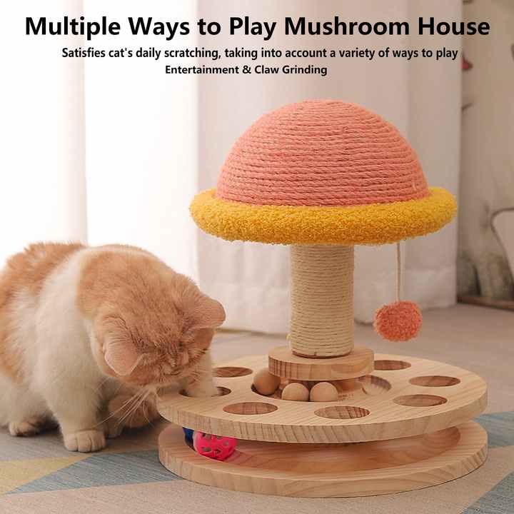 NNEDSZ Large Pink Interactive Cat Scratching Post with Ball Track – Fun Mushroom-Shaped Cat Toy for Play, Scratching, and Entertainment-0