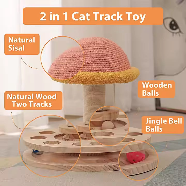 NNEDSZ Large Pink Interactive Cat Scratching Post with Ball Track – Fun Mushroom-Shaped Cat Toy for Play, Scratching, and Entertainment-2
