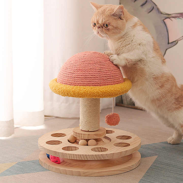 NNEDSZ Large Pink Interactive Cat Scratching Post with Ball Track – Fun Mushroom-Shaped Cat Toy for Play, Scratching, and Entertainment-4