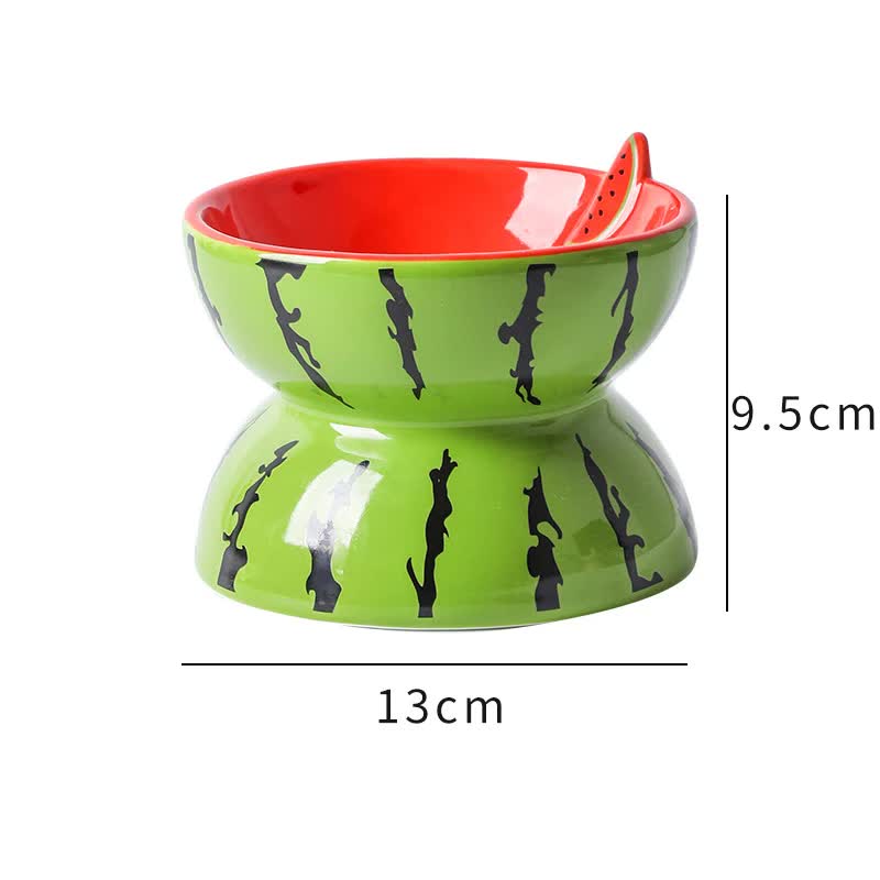 NNEDSZ Ceramic Elevated Pet Food Bowl - Cute Watermelon Pattern Design for Cats and Small Dogs-0