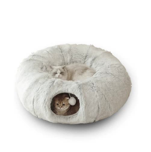 NNEDSZ Grey Luxury Plush Cat Bed with Hidden Tunnel - Soft Round Pet Bed for Cats and Small Dogs-0