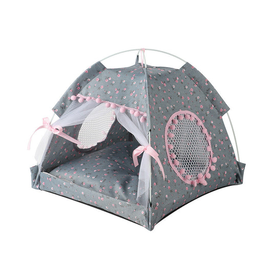 NNEDSZ Gray floral Portable Folding Pet Tent - Summer Cat & Dog Shelter with Mesh Window, Lightweight and Breathable, Ideal for Travel & Home Use 35x35x30CM-0