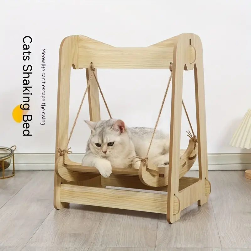 NNETM Wooden Rocking Bed Cat Furniture - Double Layer Cat Hammock-1