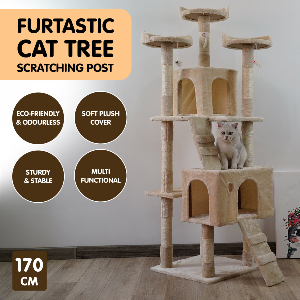 NNEDPE 170cm Cat Tree Scratching Post - Beige-4