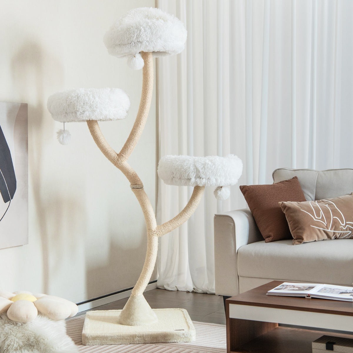 NNECW 178cm Multi-Level Cat Activity Center with 3 Warm Perches for Cat-Beige-0