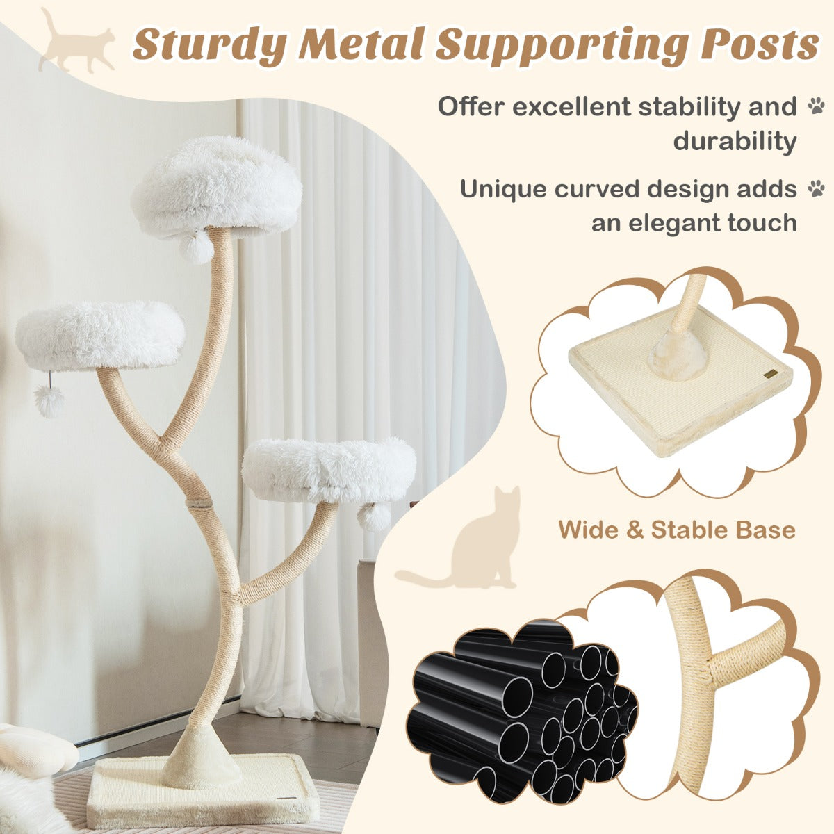 NNECW 178cm Multi-Level Cat Activity Center with 3 Warm Perches for Cat-Beige-2