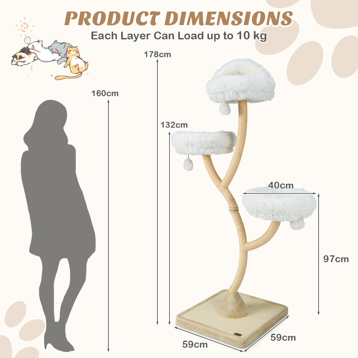 NNECW 178cm Multi-Level Cat Activity Center with 3 Warm Perches for Cat-Beige-3