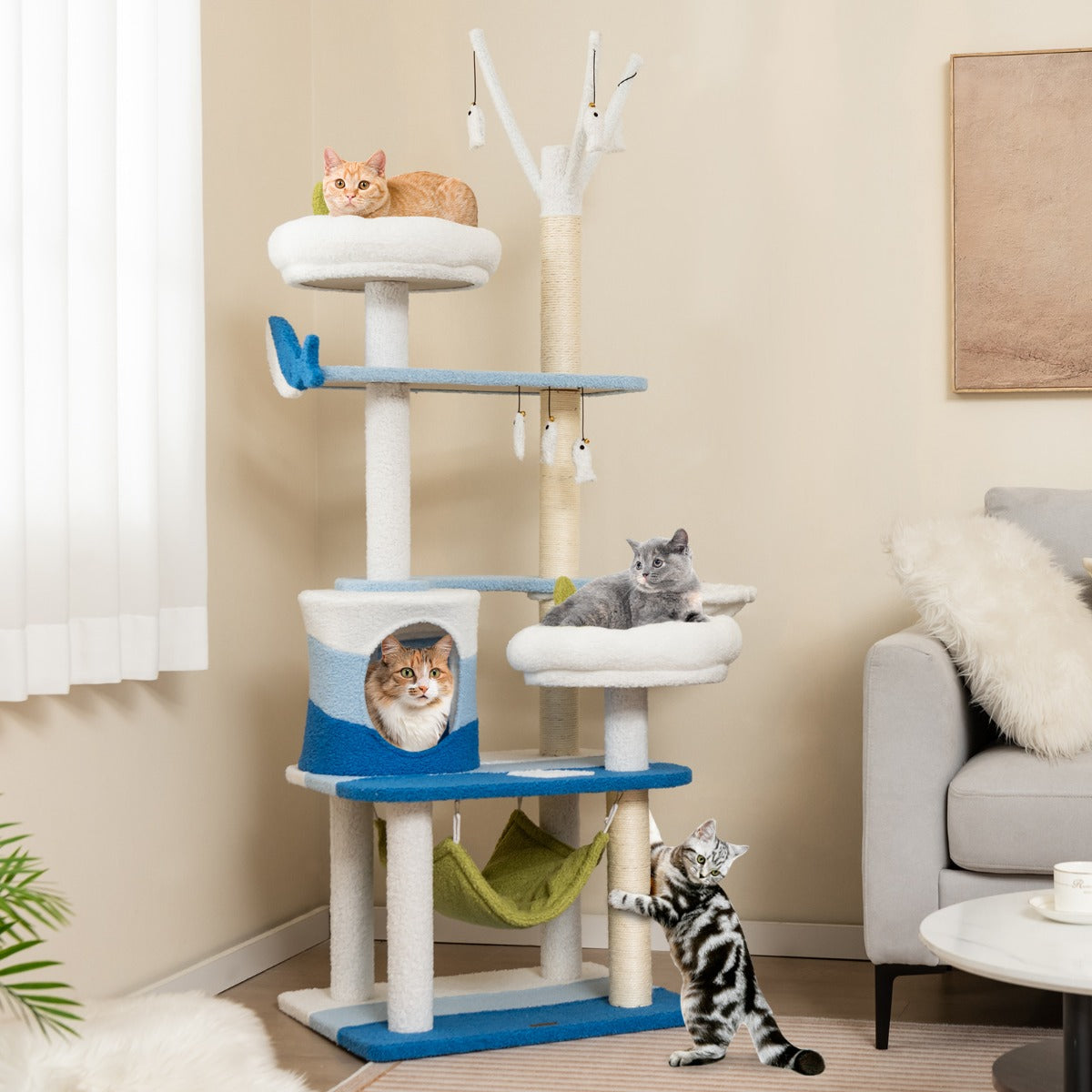 NNECW Multi-level Ocean-themed Cat Tree with Sisal Covered Scratching Posts-0