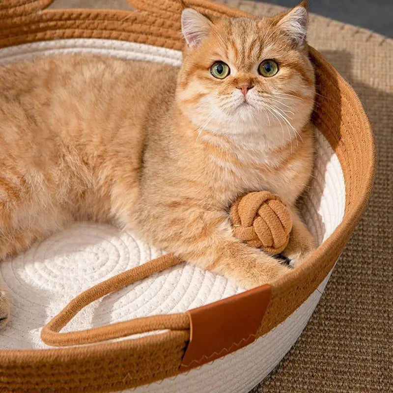 NNETM Cat Ear Shape Thickened Woven Cat Scratching Board Pet Bed - Khaki White-4