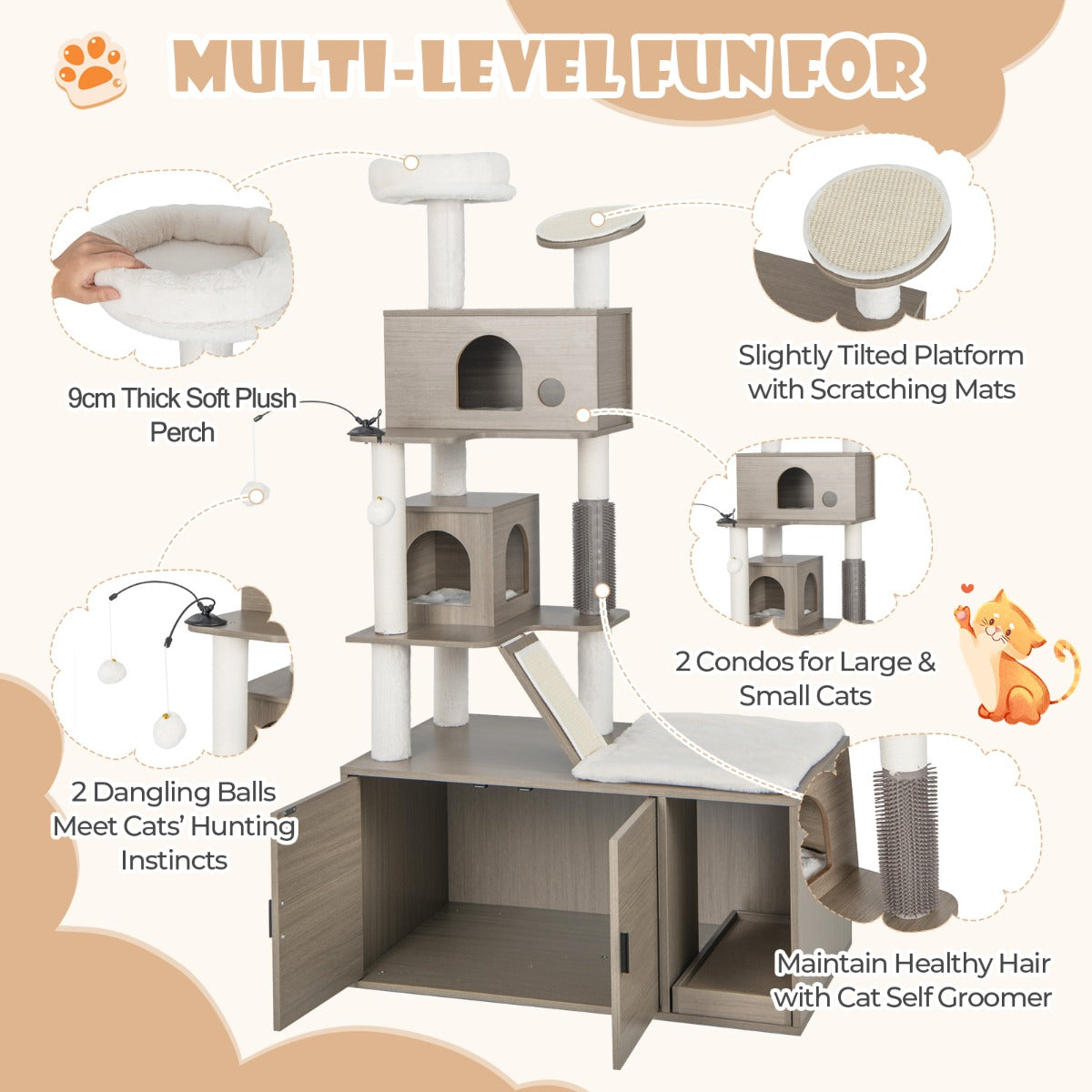 NNECW Modern Cat Tower with Double Condos for Indoor Cars-2