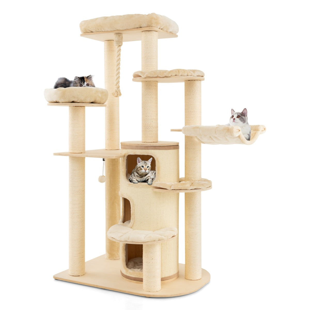 NNECW Multi-Level Cat Tree with 3-story Cat Condo &amp; 2 Perches &amp; Spring Ball-Beige-1