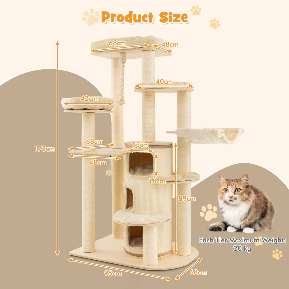 NNECW Multi-Level Cat Tree with 3-story Cat Condo &amp; 2 Perches &amp; Spring Ball-Beige-3