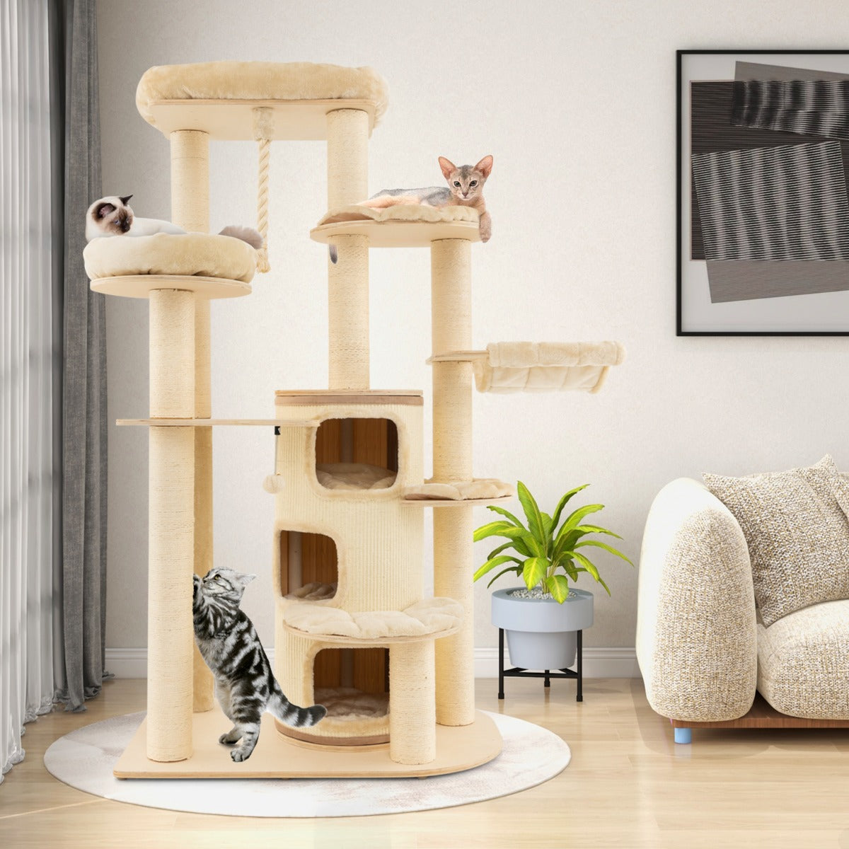 NNECW Multi-Level Cat Tree with 3-story Cat Condo &amp; 2 Perches &amp; Spring Ball-Beige-0