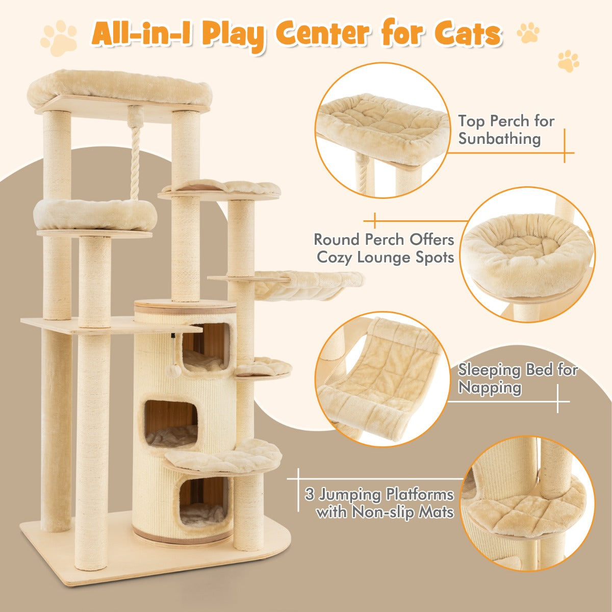 NNECW Multi-Level Cat Tree with 3-story Cat Condo &amp; 2 Perches &amp; Spring Ball-Beige-4