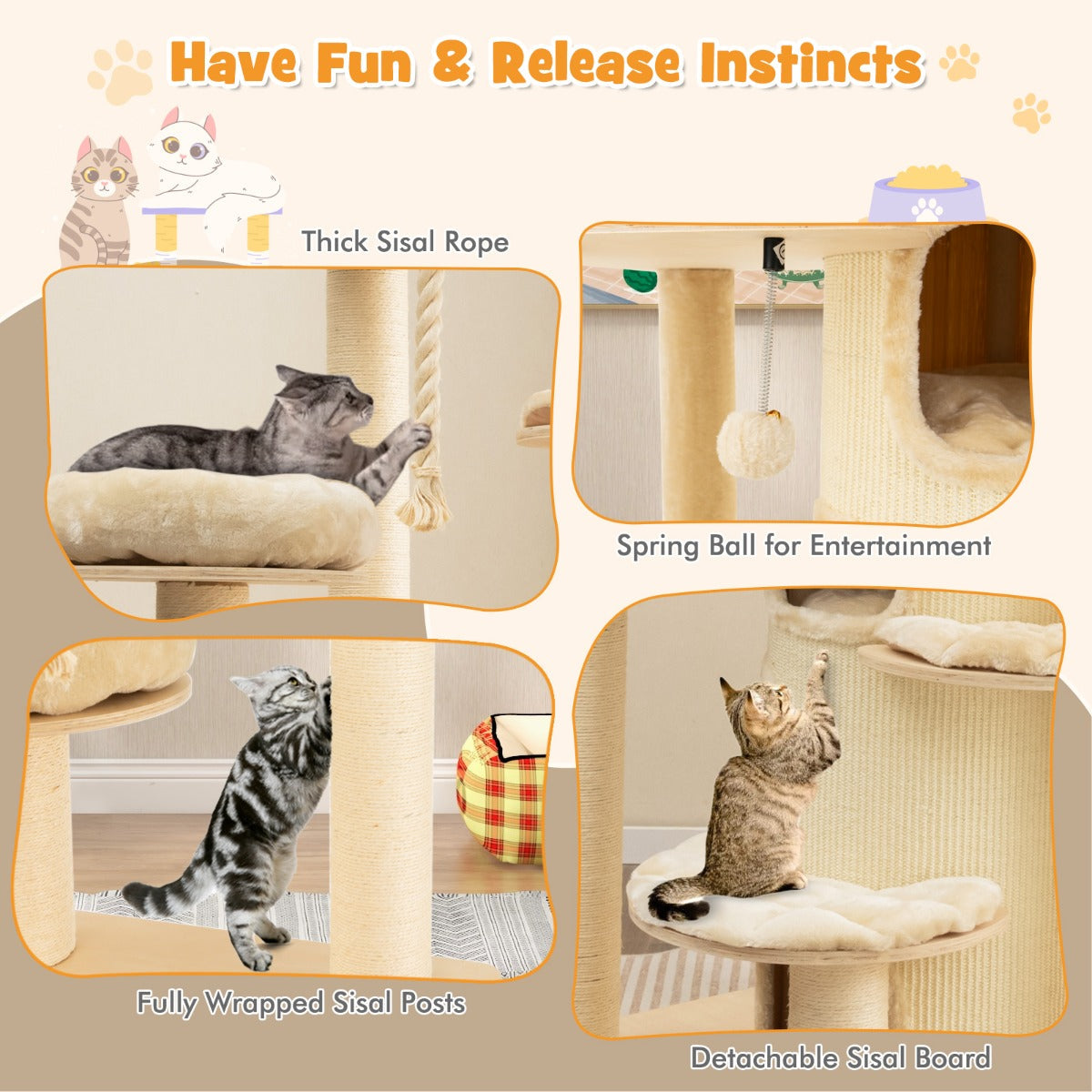 NNECW Multi-Level Cat Tree with 3-story Cat Condo &amp; 2 Perches &amp; Spring Ball-Beige-2