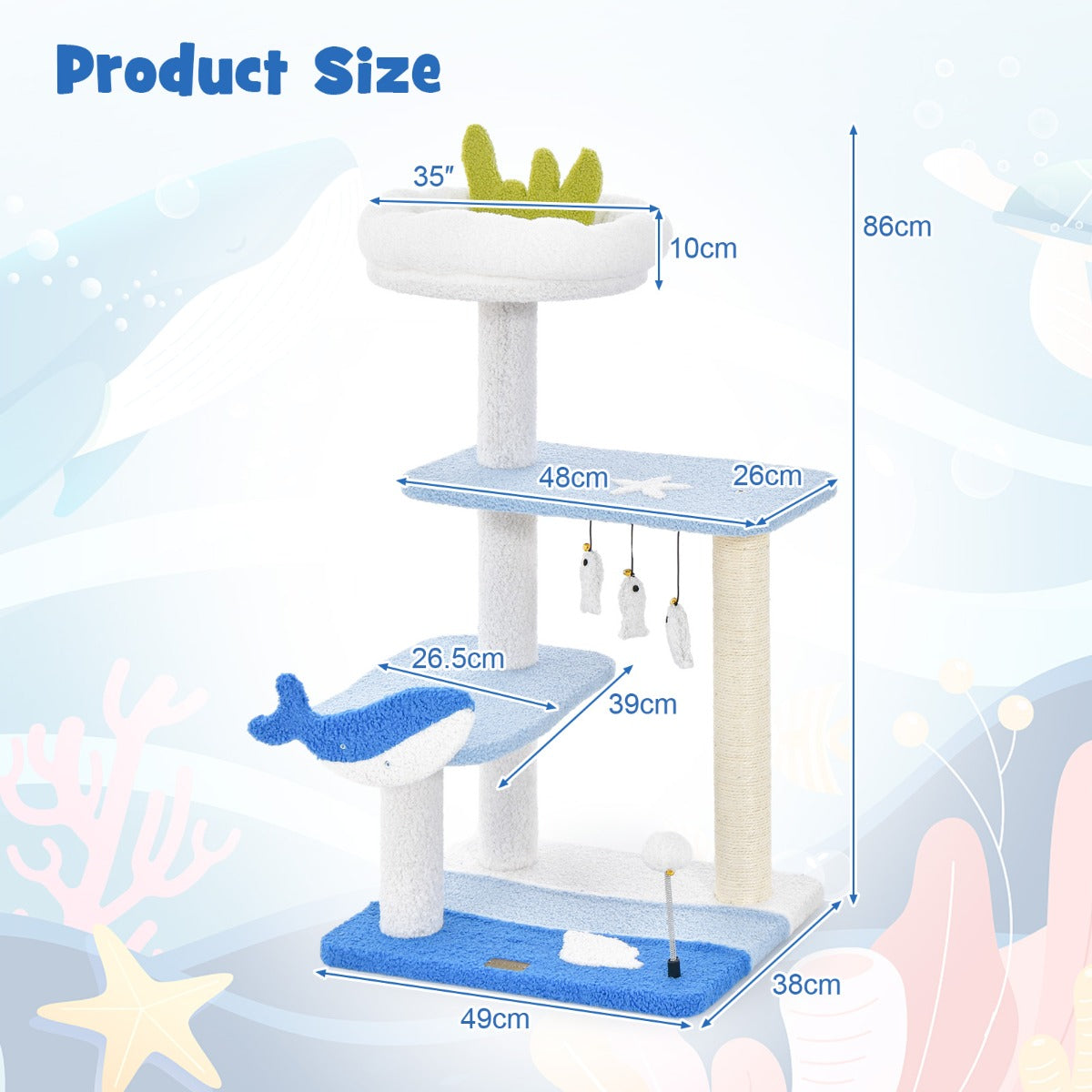 NNECW 3-level Ocean-themed Cat Tree with Sisal Covered Scratching Posts-3