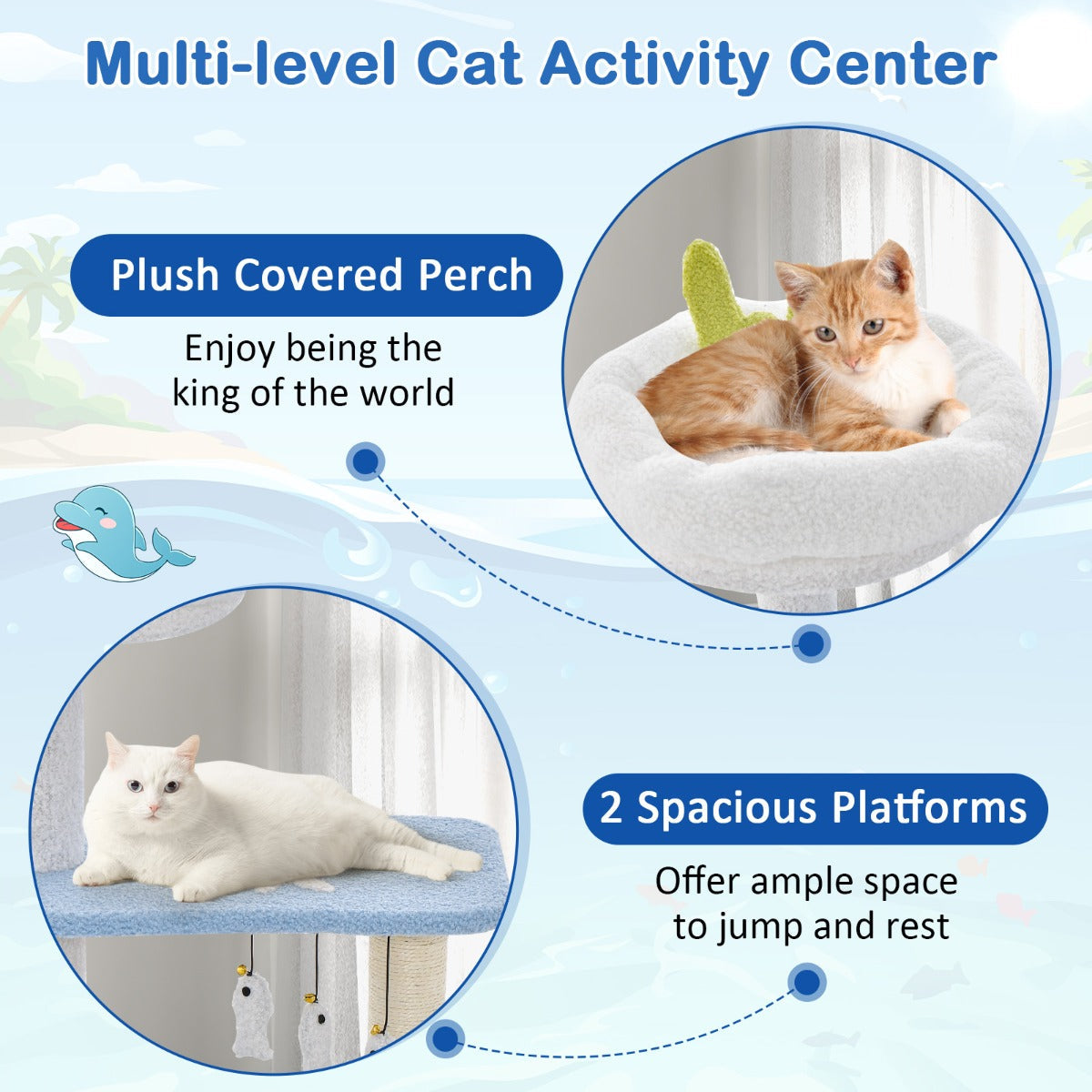 NNECW 3-level Ocean-themed Cat Tree with Sisal Covered Scratching Posts-4
