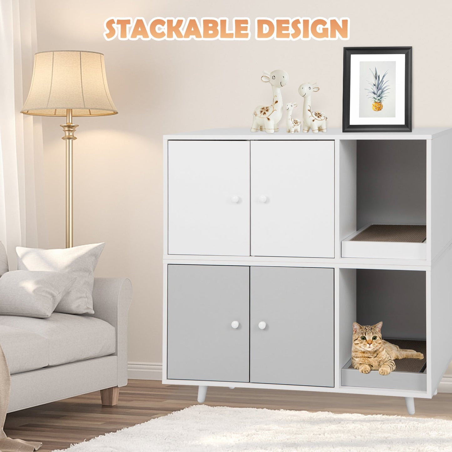 NNECW Cat Litter Box Enclosure with Divider for Large Cat &amp Kitty-Grey-3