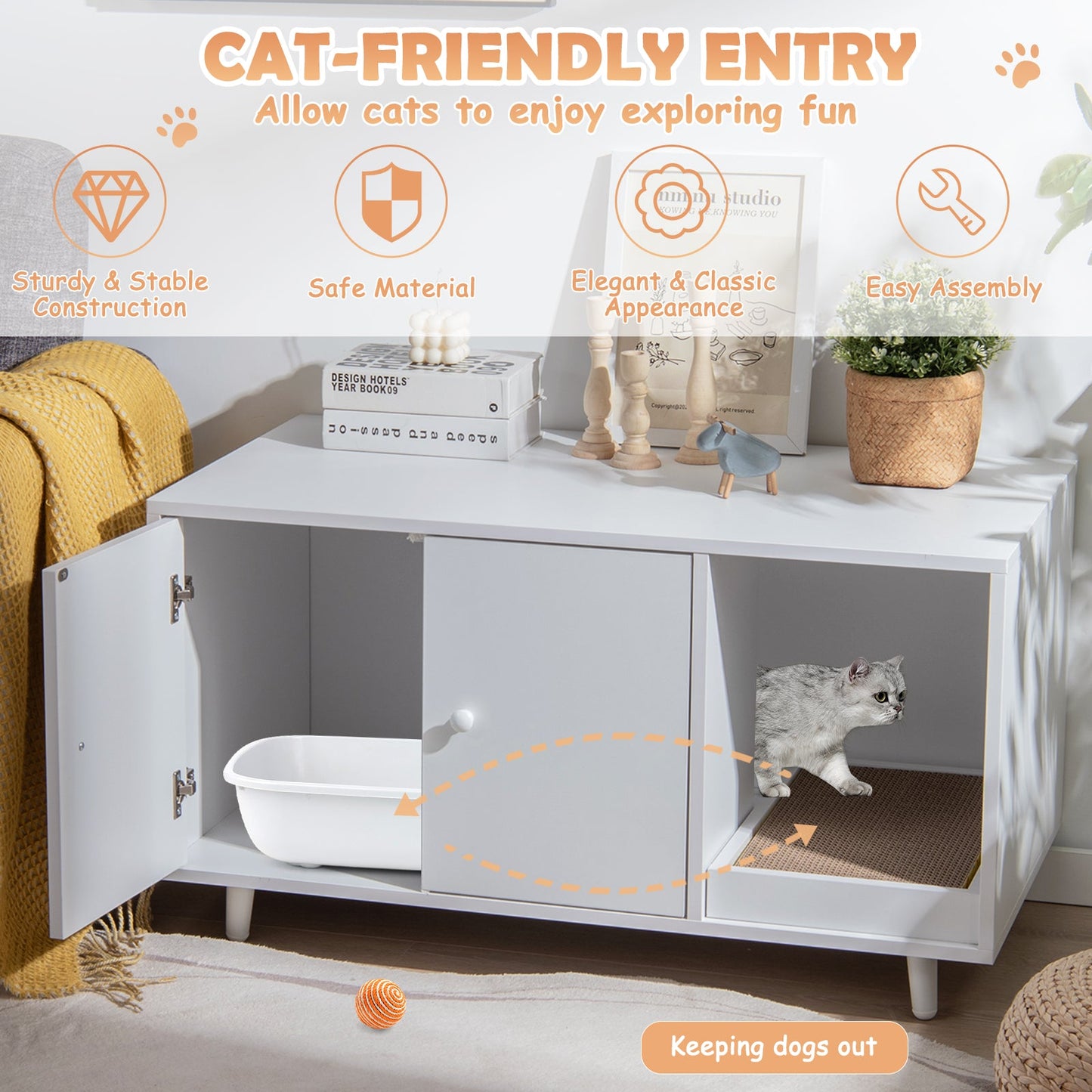 NNECW Cat Litter Box Enclosure with Divider for Large Cat & Kitty White-2