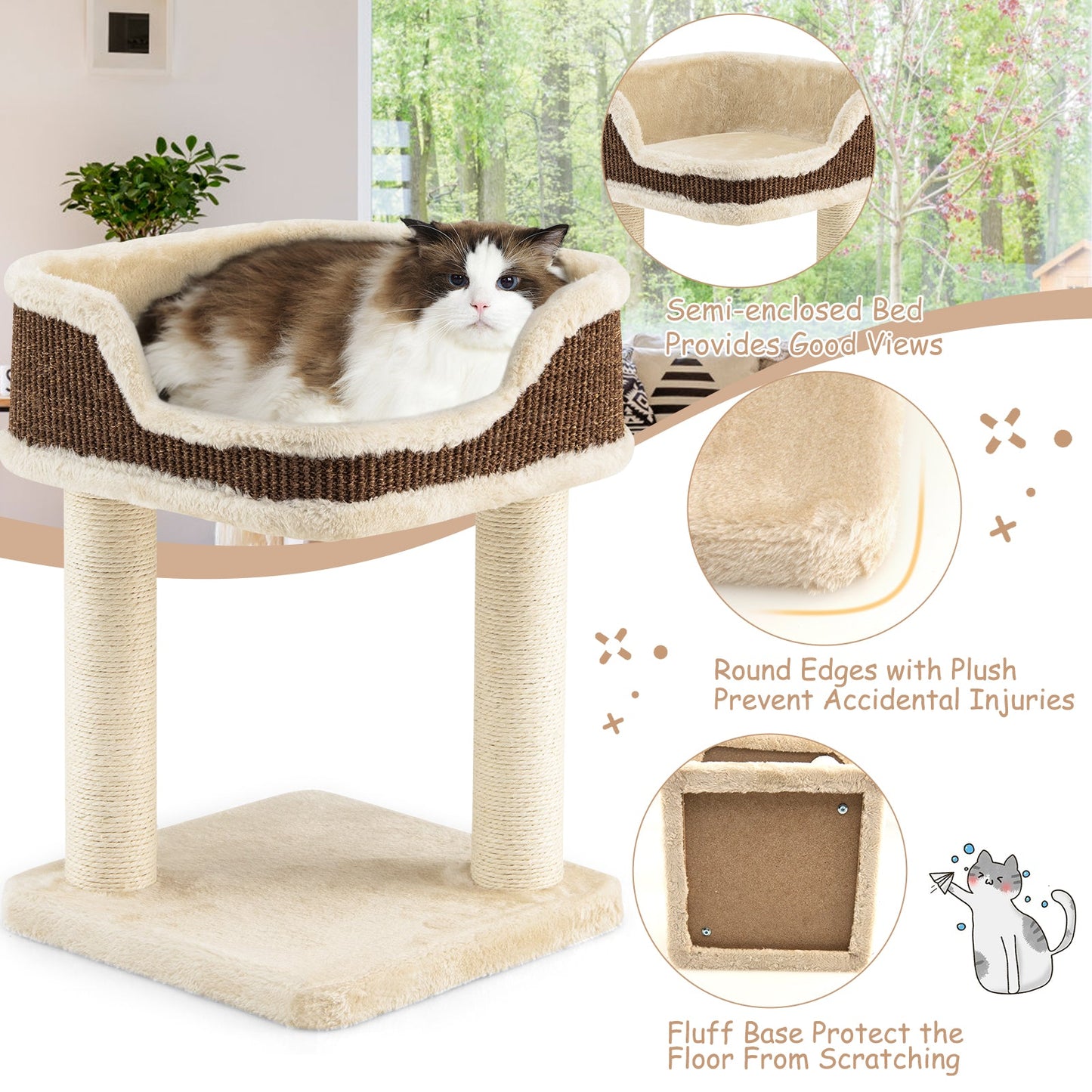 NNECW Compact Cat Tree Tower for Scratching Relaxing &amp Sleeping-Beige-4