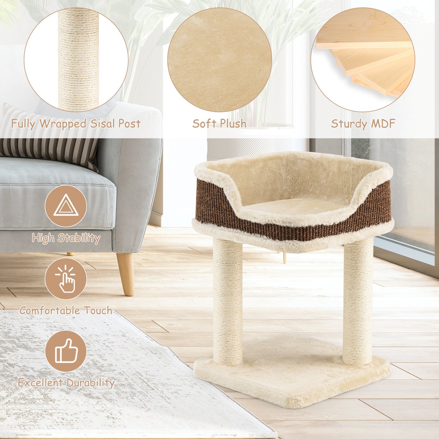 NNECW Compact Cat Tree Tower for Scratching Relaxing &amp Sleeping-Beige-2