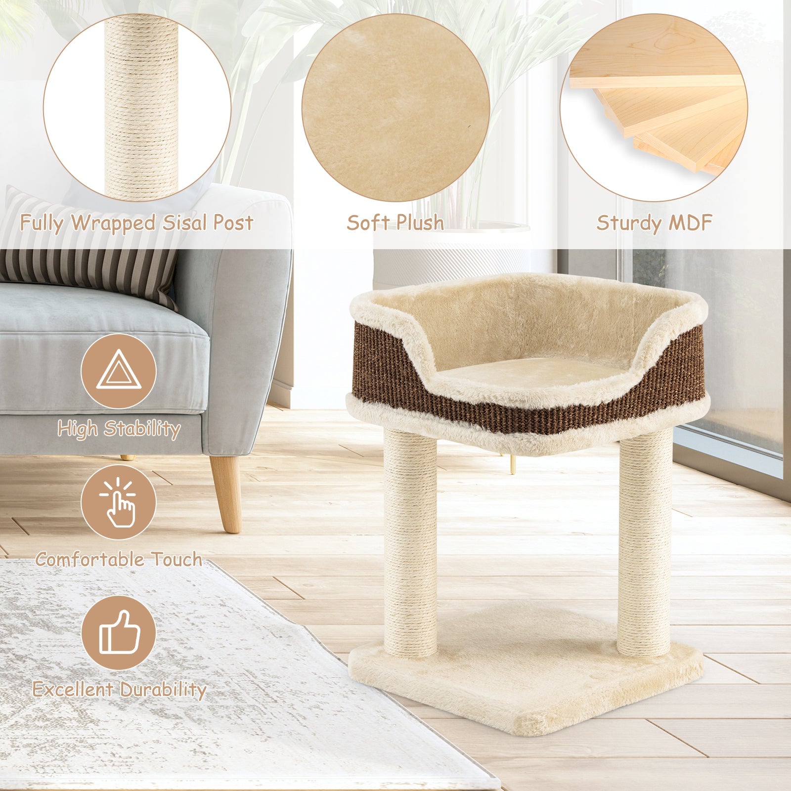 NNECW Compact Cat Tree Tower for Scratching Relaxing &amp Sleeping-Beige-2