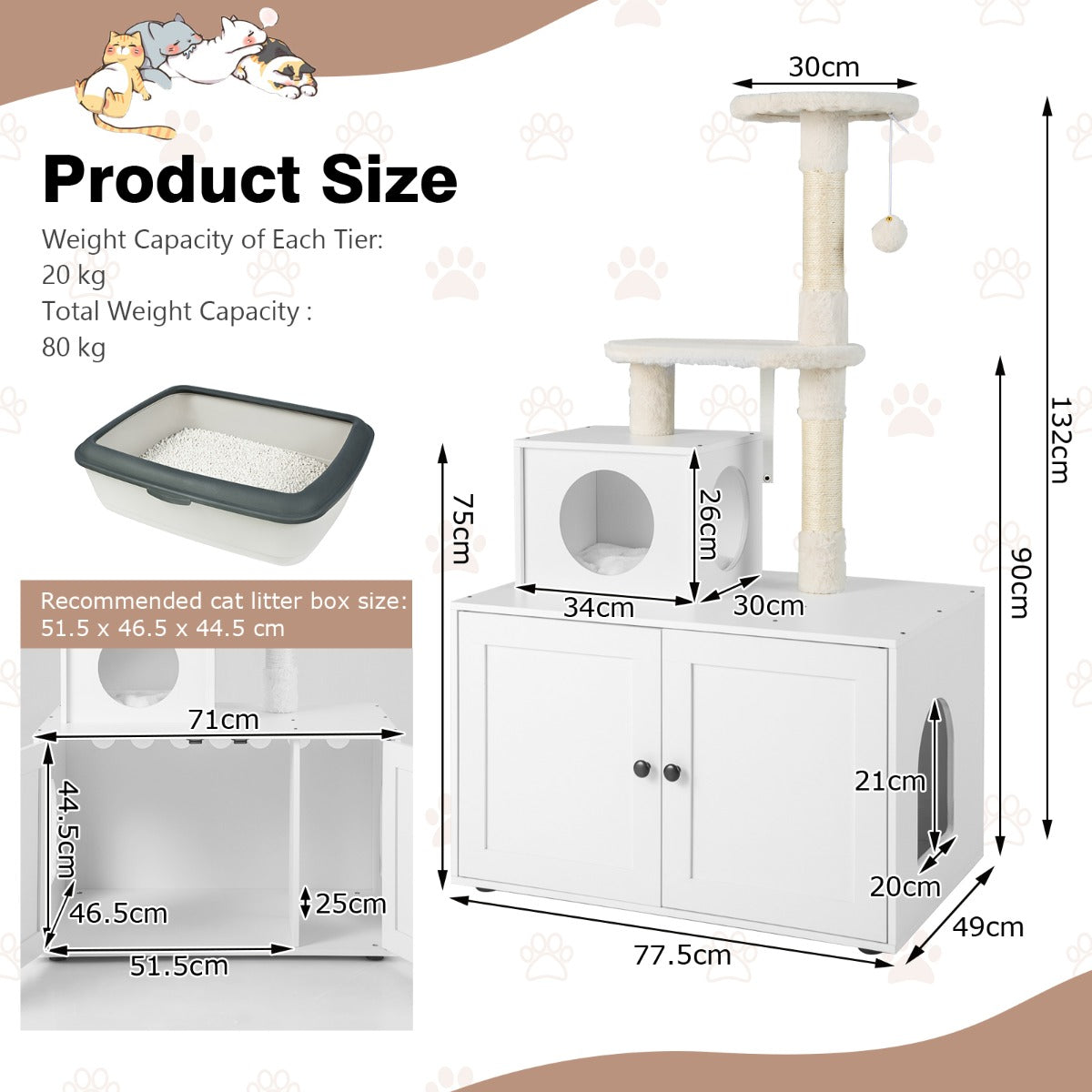 NNECW 2-in-1 Cat Tree with Litter Box Enclosure &amp;amp; Sisal Scratching Posts-White-3