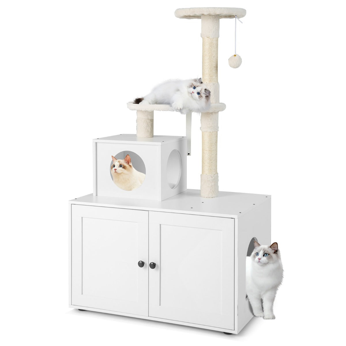 NNECW 2-in-1 Cat Tree with Litter Box Enclosure &amp;amp; Sisal Scratching Posts-White-1