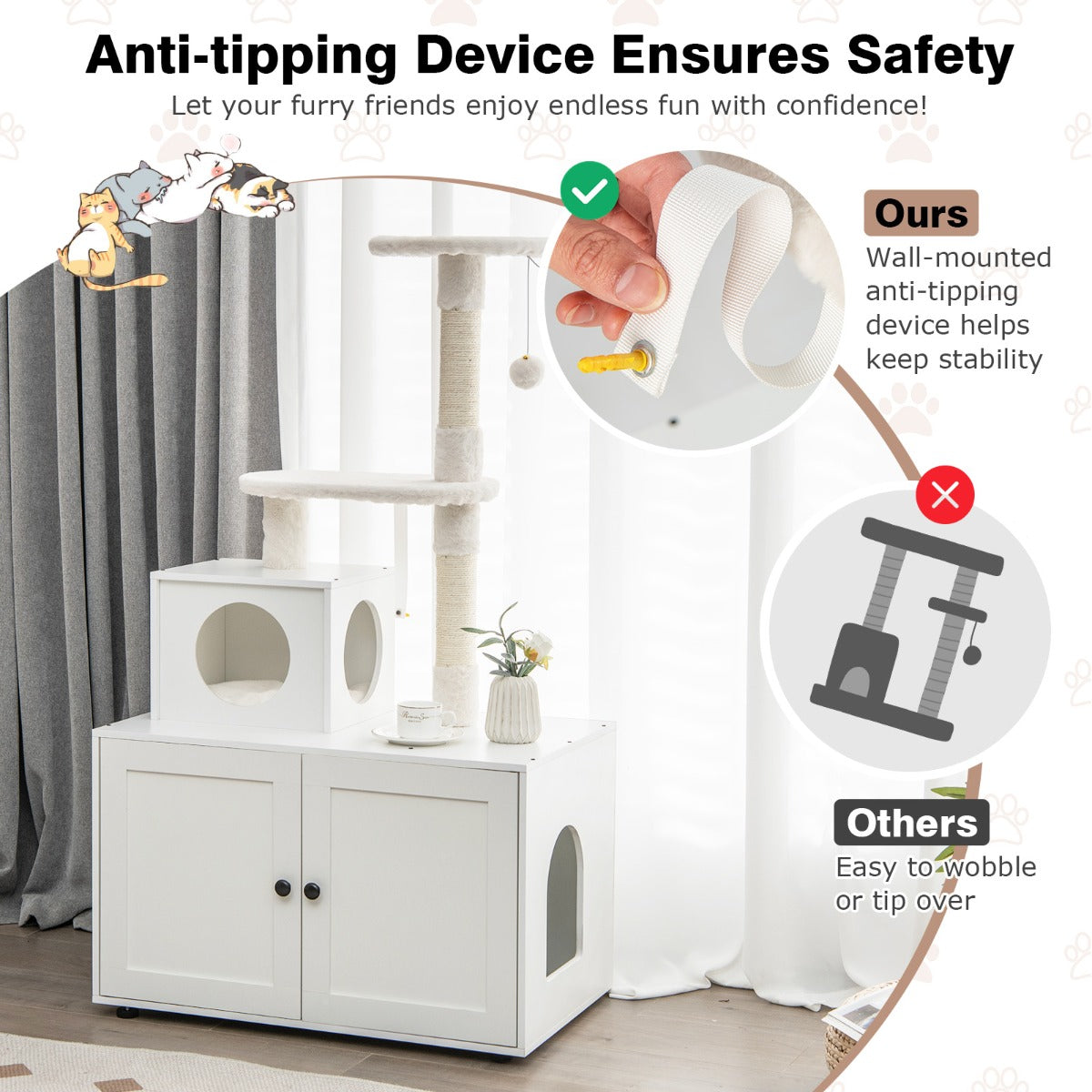 NNECW 2-in-1 Cat Tree with Litter Box Enclosure &amp;amp; Sisal Scratching Posts-White-2