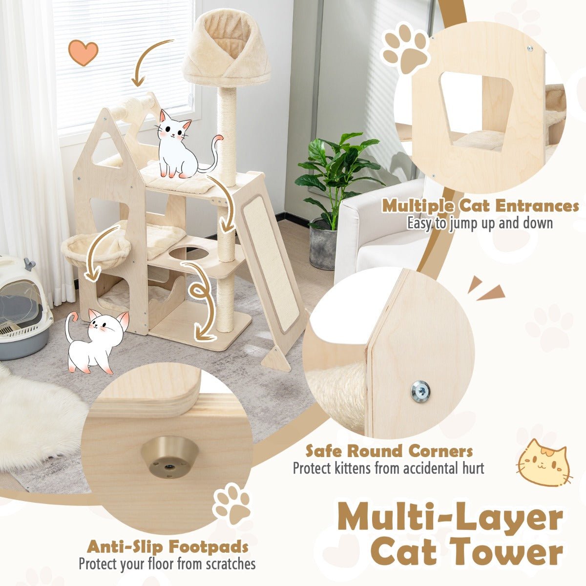 NNECW Multi-Layer Wooden Cat Tree with Plush Perch for Kitten-2