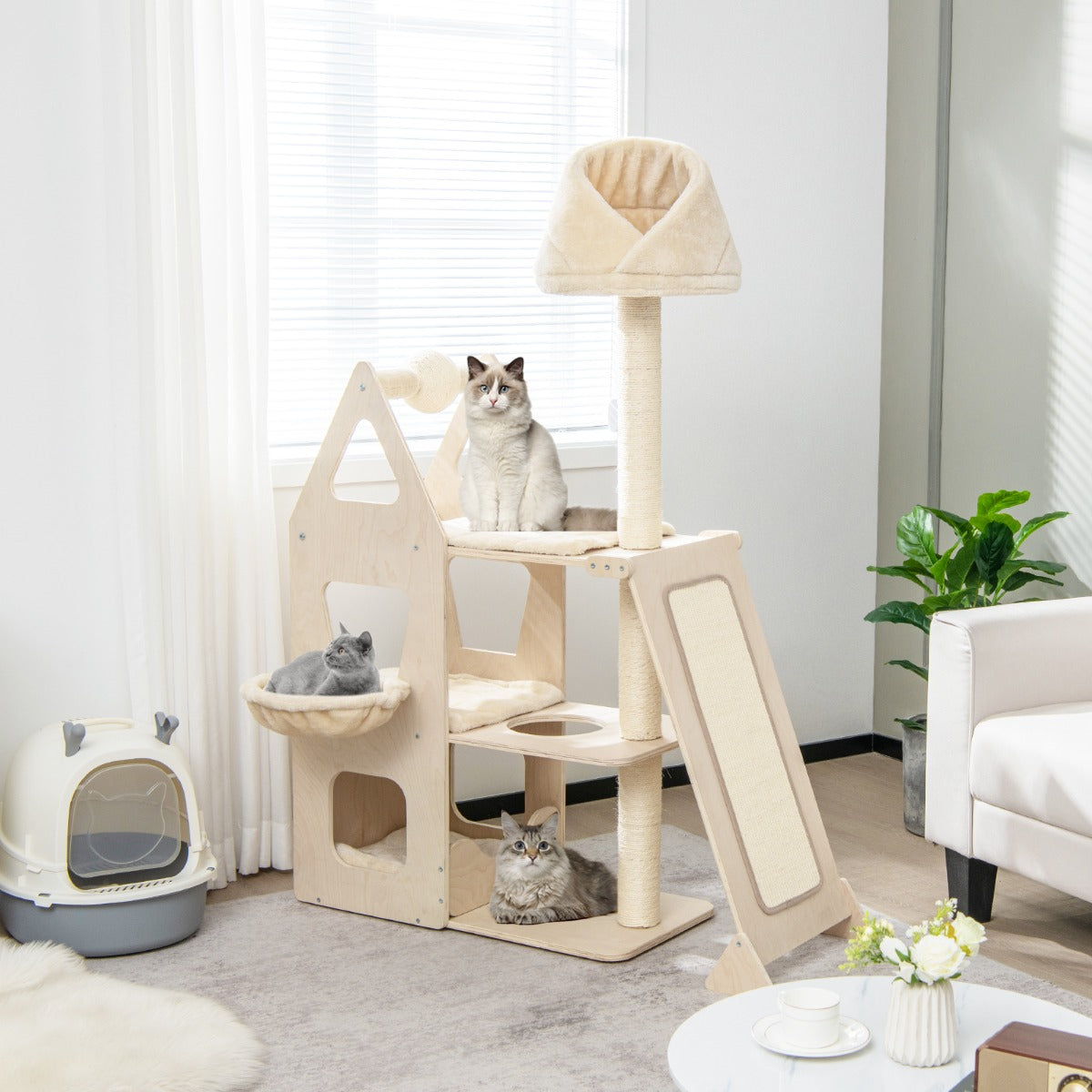 NNECW Multi-Layer Wooden Cat Tree with Plush Perch for Kitten-4
