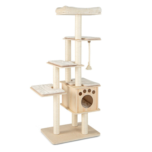 NNECW Modern Wooden Cat Tower with Scratching Posts Washable Cushion-1